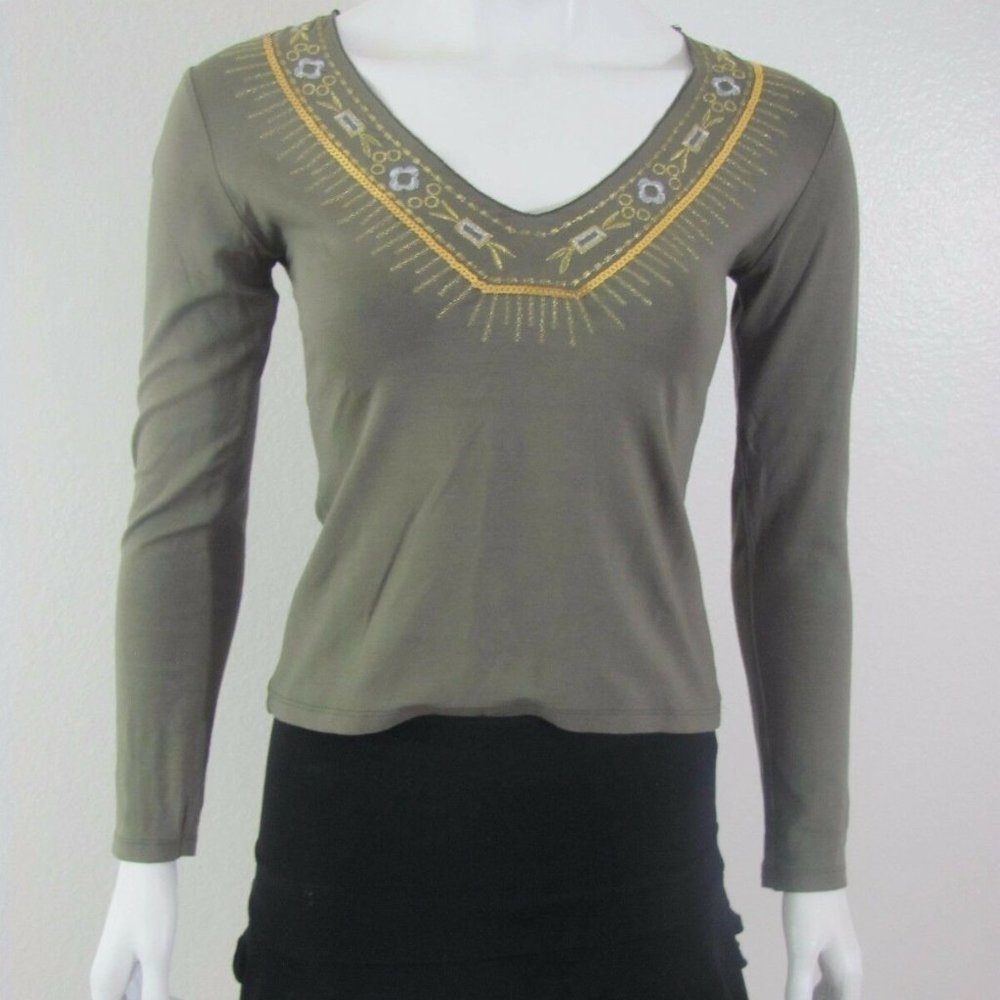 REBECCA Green Shiny Sequin Ethnic long sleeve Blouse top shirt Sz S